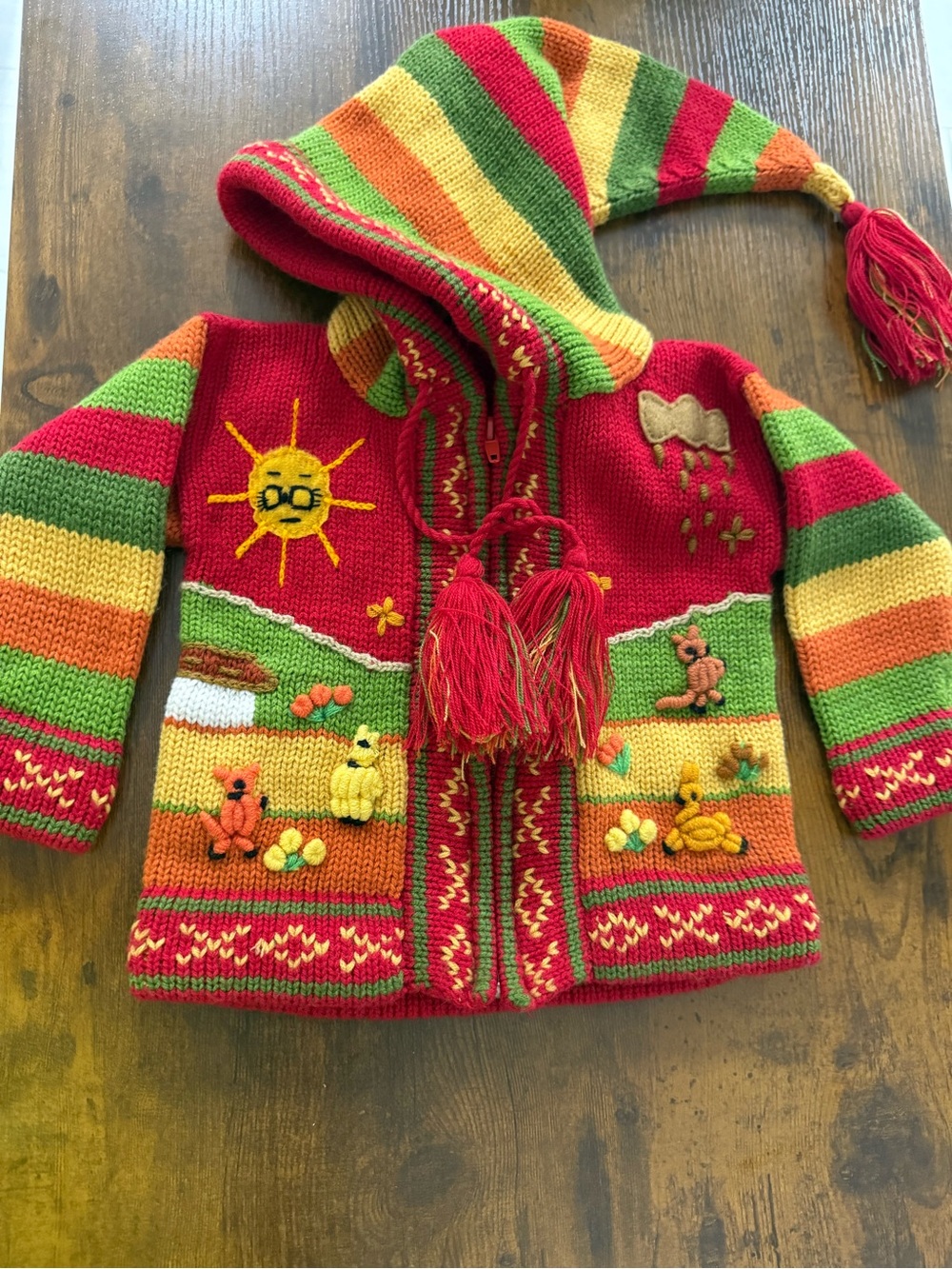Hand-Knit Striped Hooded  kid Sweater Jacket - Red, Green, Yellow, Orange